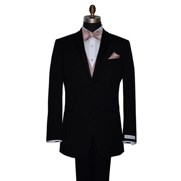 mannequin wearing a black tuxedo with a rose-gold "tie-yourself" bowtie, pocket handkerchief and vest against a white background