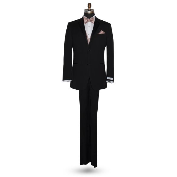 full life size mannequin wearing a black tuxedo with a rose-gold "tie-yourself" bowtie and vest with black tuxedo pants against a white background