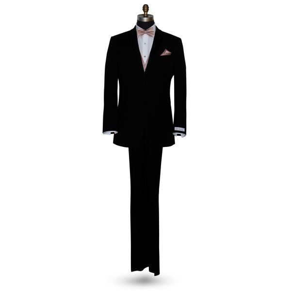 life size mannequin wearing a black tuxedo with a branded label "San Miguel Espeial" with a rose-gold "pre-tied" bowtie and matching vest against a white background