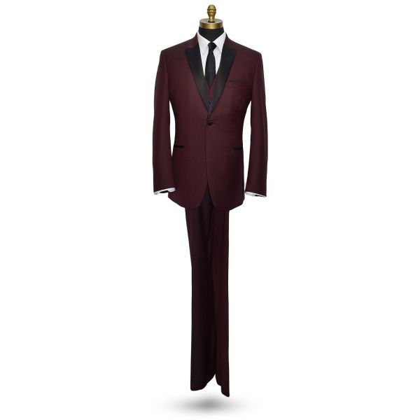 Men's Burgundy Tuxedo Jacket With Black Peak Lapel