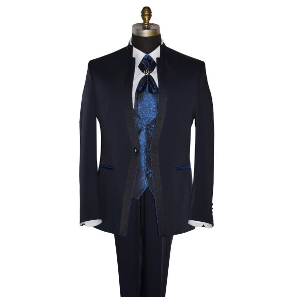 Midnight-Blue Nehru Tuxedo Ensemble with Blue Accents