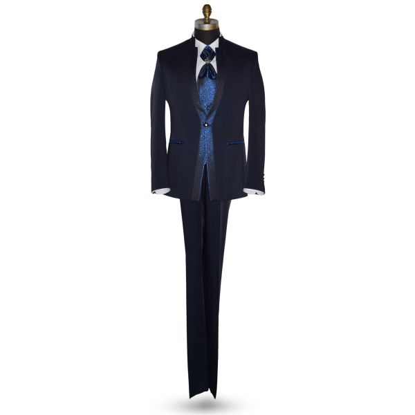 Midnight-Blue Nehru Tuxedo Ensemble with Blue Accents
