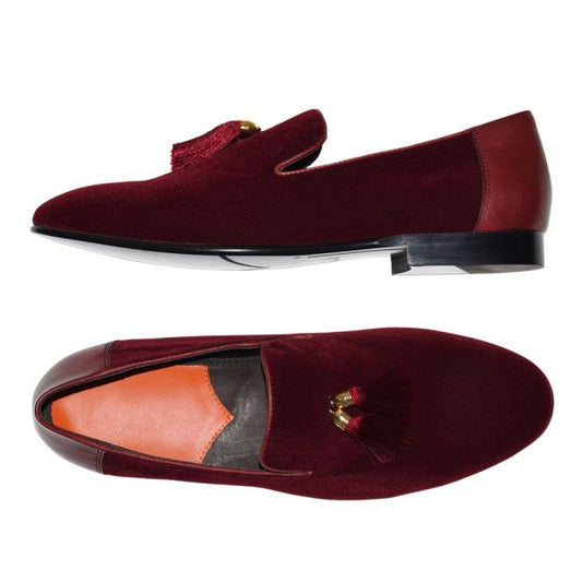 BURGUNDY-WINE VELVET SLIP-ON TUXEDO SHOES