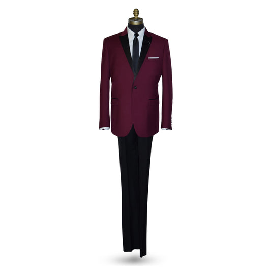 BURGUNDY TUXEDO WITH BLACK PANTS ENSEMBLE