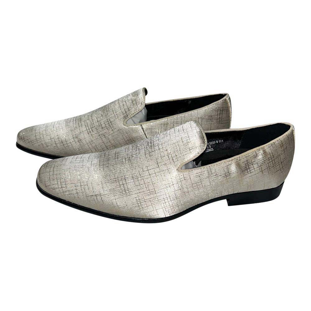 Pair of golden-tan slip-on loafers for men on a white background