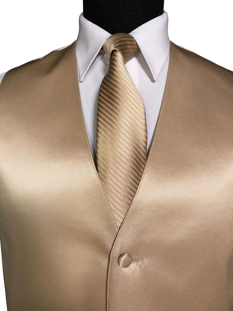 Golden tuxedo vest over a white shirt with a golden necktie on a mannequin.