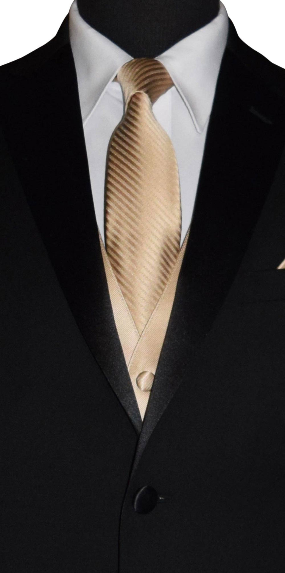 black suit with a golden long necktie with golden stripes and a golden tuxedo vest on a mannequin