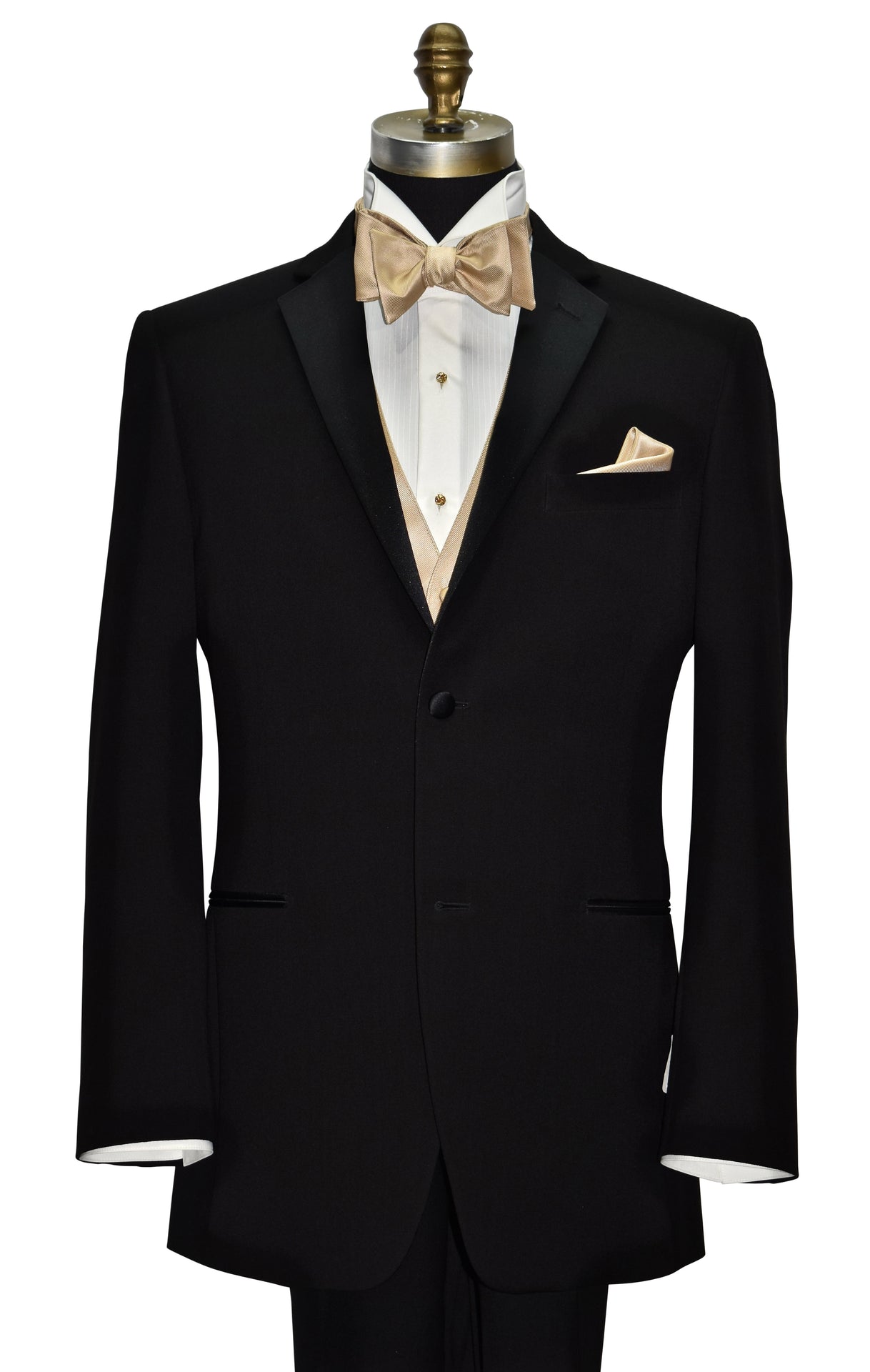 Black notch-lapel tuxedo with white shirt, golden "tie-yourself" bowtie and a golden vest, and pocket square on a mannequin against a white background