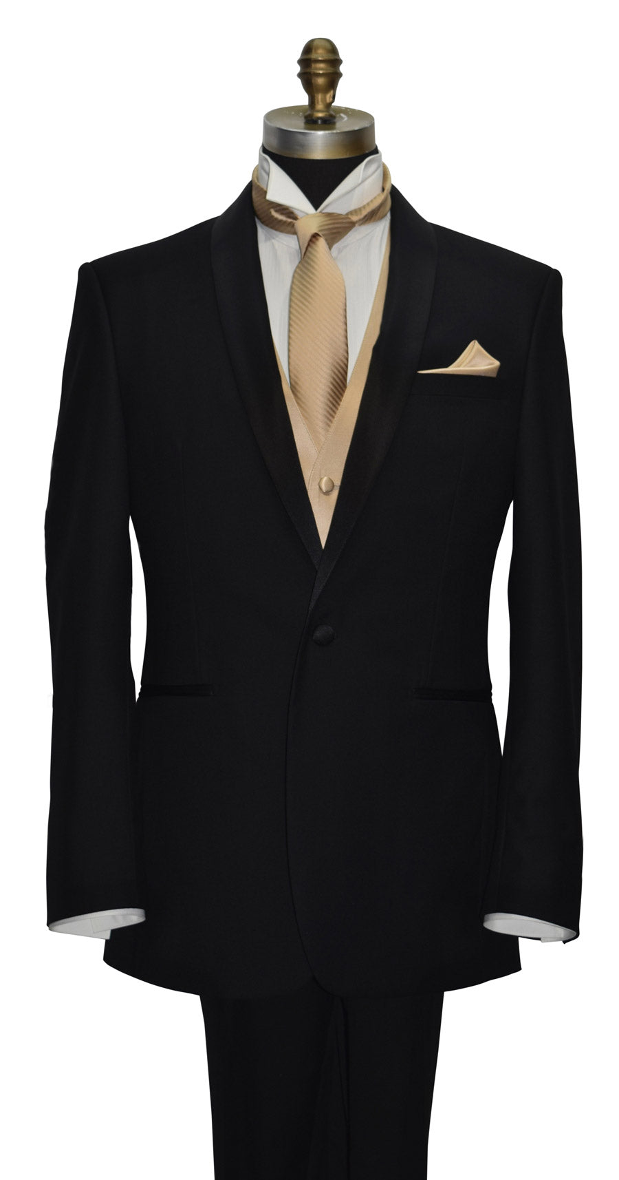 Black tuxedo with golden striped  necktie and golden tuxedo vest and pocket square on a mannequin against a white background