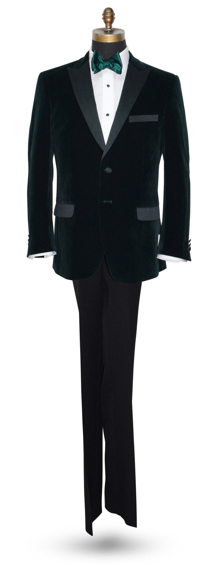 life size mannequin wearing hunter green velvet tuxedo jacket shown with a green silk bowtie against a white background