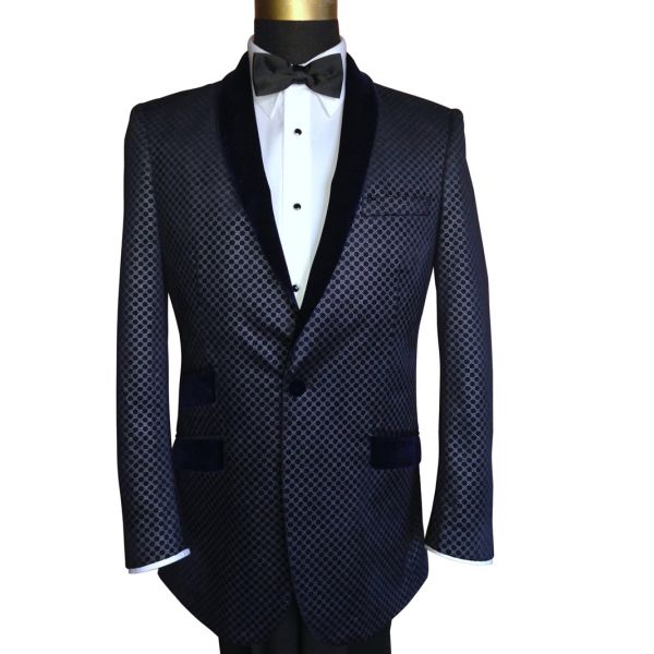 Blue Velvet with Silver Geometric Design Shawl Collar Dinner Jacket/Tuxedo- Ensemble