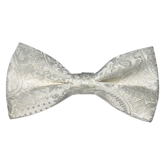 ivory paisley pre-tied bowtie against a white background