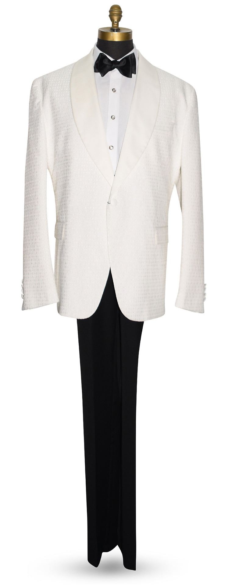 full length mannequin wearing an Off-white ivory shawl collar dinner jacket-size 48 regular by tuxclub