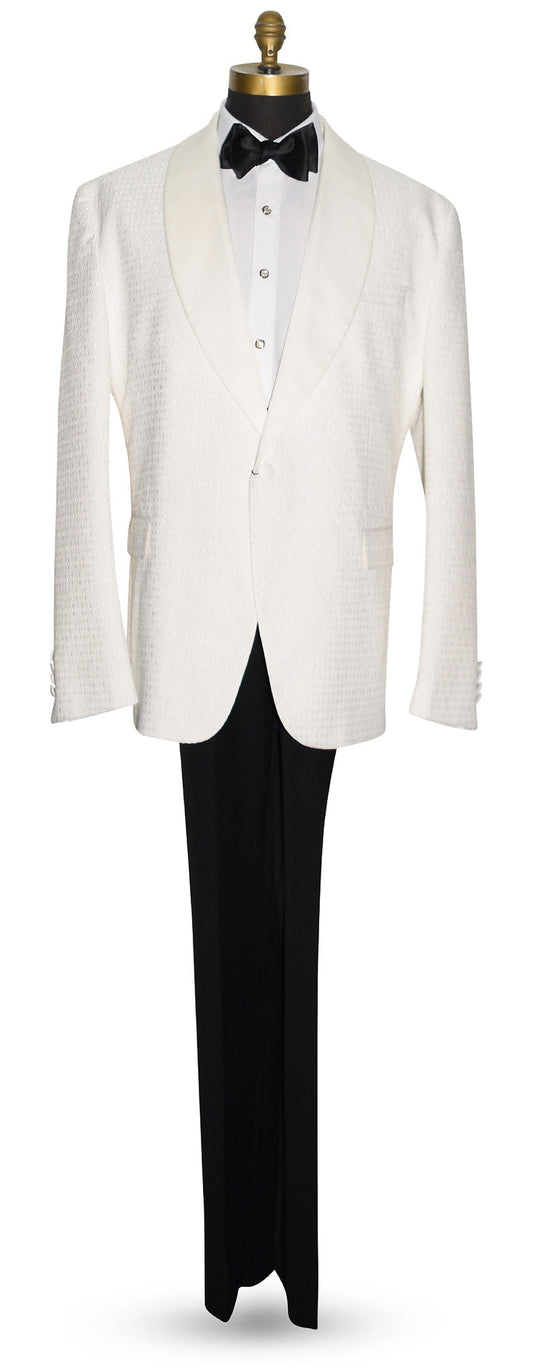 full length mannequin wearing an Off-white ivory shawl collar dinner jacket-size 48 regular by tuxclub
