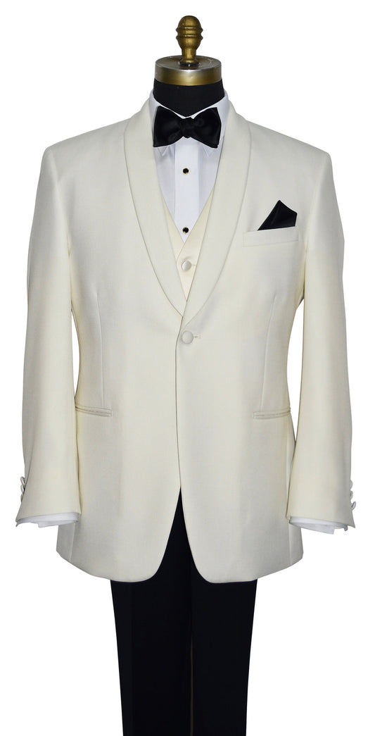 close up ivory shawl collar tuxedo on a mannequin with black tuxedo pants and a ivory vest and black bowtie