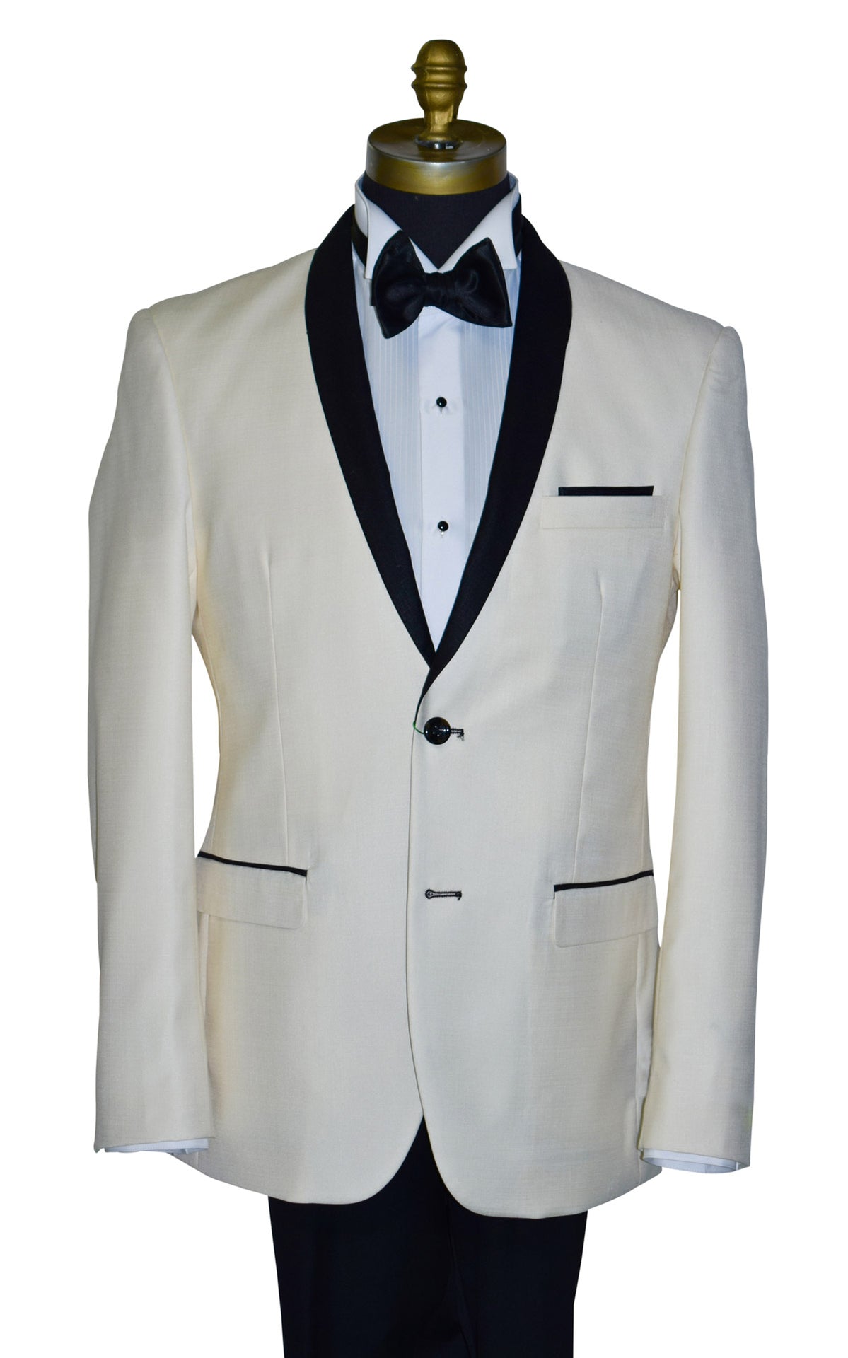 close-up ivory tuxedo with black shawl collar, a white tuxedo shirt and a black satin bowtie against a white background