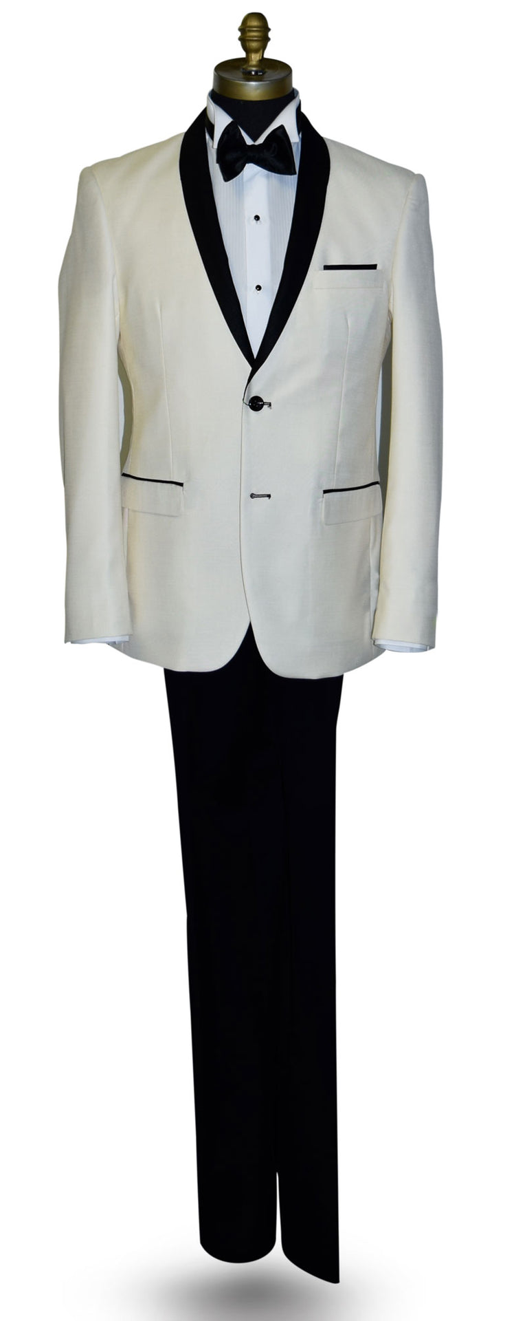 life size mannequin wearing an ivory tuxedo with black shawl collar, a white tuxedo shirt and a black satin bowtie against a white background
