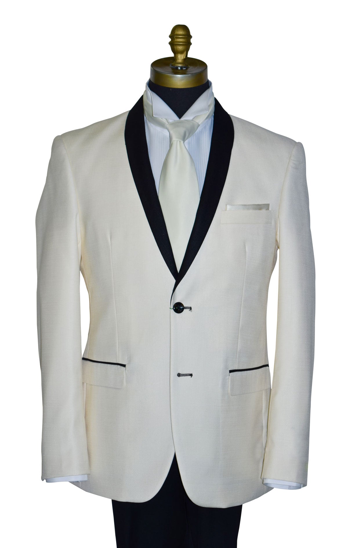 close-up ivory tuxedo with black shawl collar, a white tuxedo shirt and an ivory long necktie against a white background