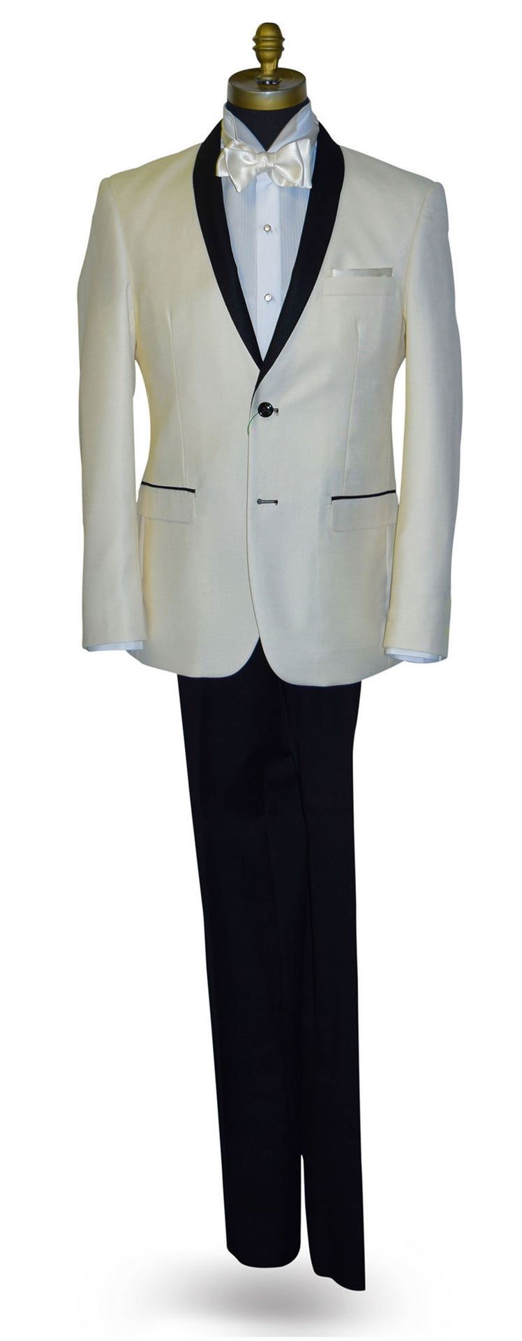 Ivory tuxedo with black shawl collar and black pants wearing an ivory "self-tie" bowtie on a mannequin against a white background