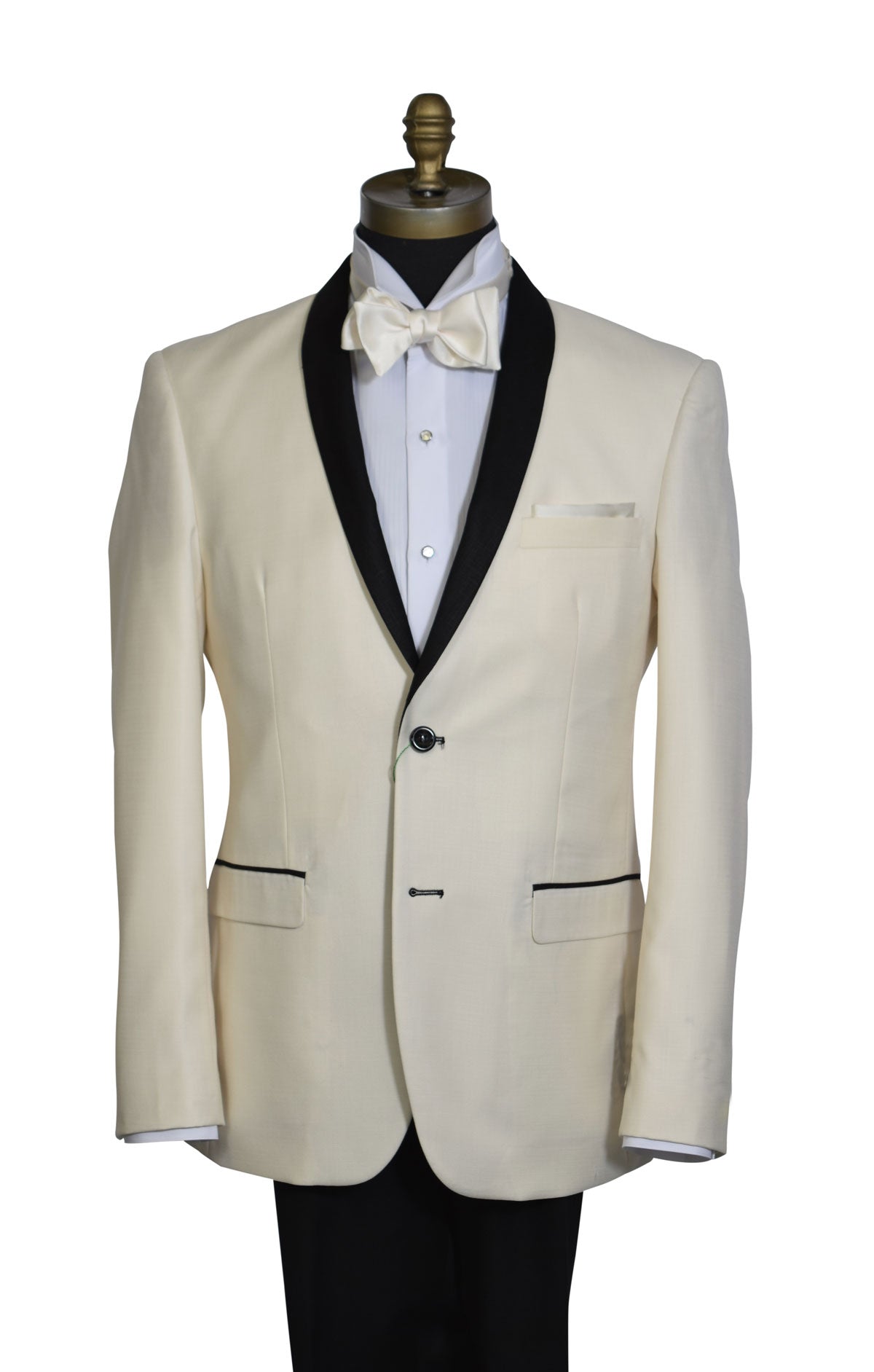 close-up ivory tuxedo with black shawl collar, a white tuxedo shirt and an ivory bowtie against a white background