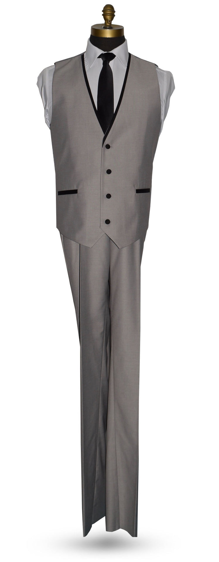 life size mannequin wearing a light gray vest and black long necktie against a white background