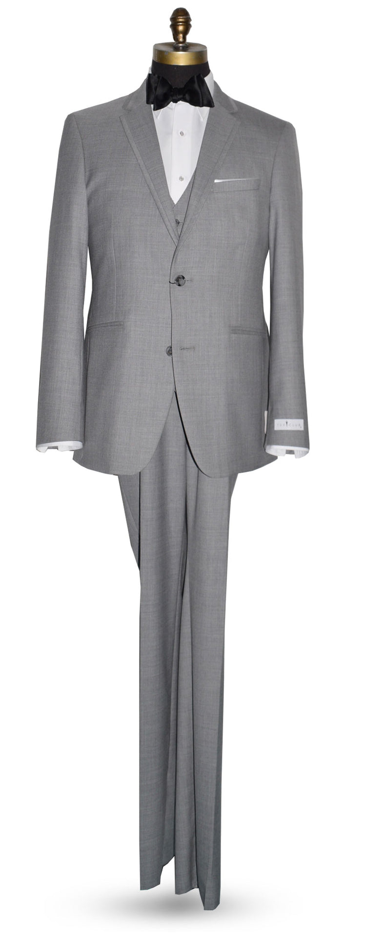 Full length view on mannequin of a Linen gray wedding suit with white shirt and gray vest with black satin bowtie 