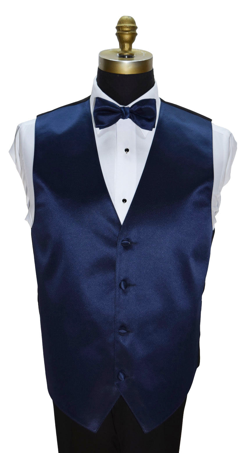 mannequin wearing a marine blue vest and marine blue bowtie against a white background