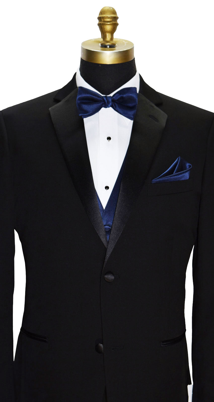 mannequin wearing a black tuxedo with a marine blue bowtie and vest against a white background
