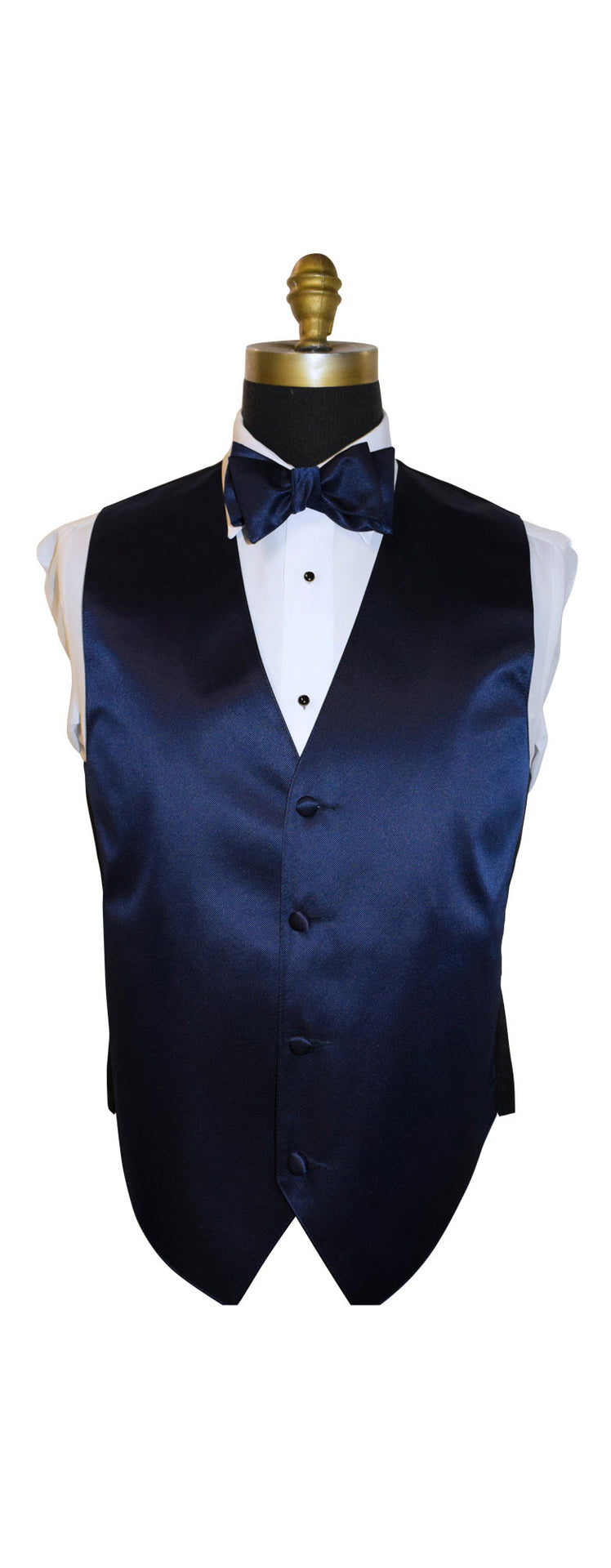 marine blue tuxedo vest with a marine blue "self-tie" bow tie on a mannequin against a white background
