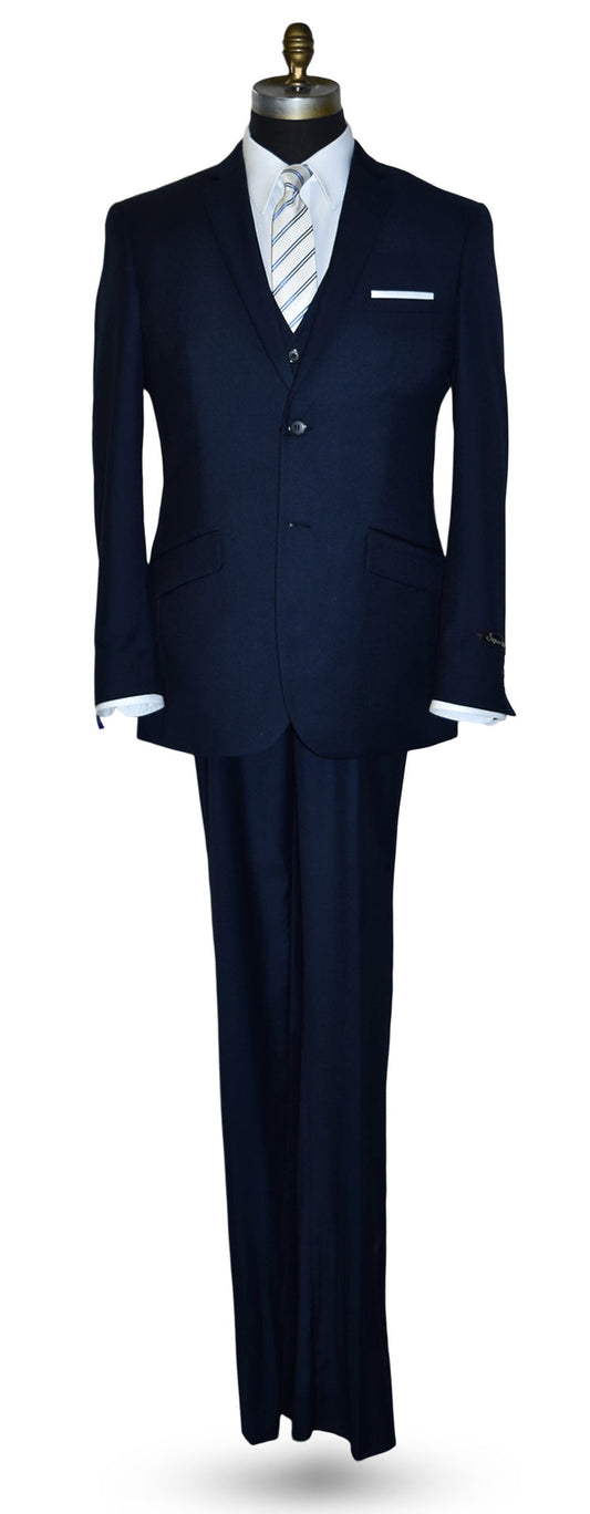 Navy blue suit on a mannequin with a white shirt and tie against a white background