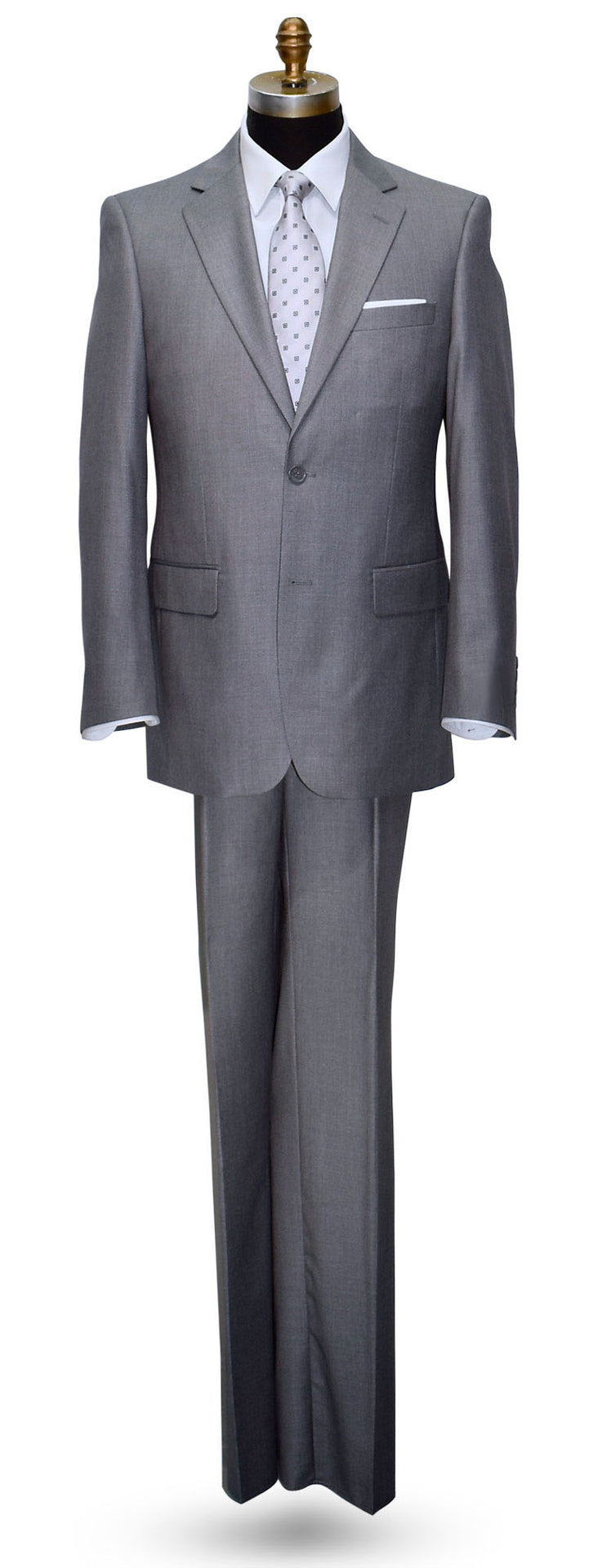 men's Gray suit on a mannequin against a white background with a gray dress tie