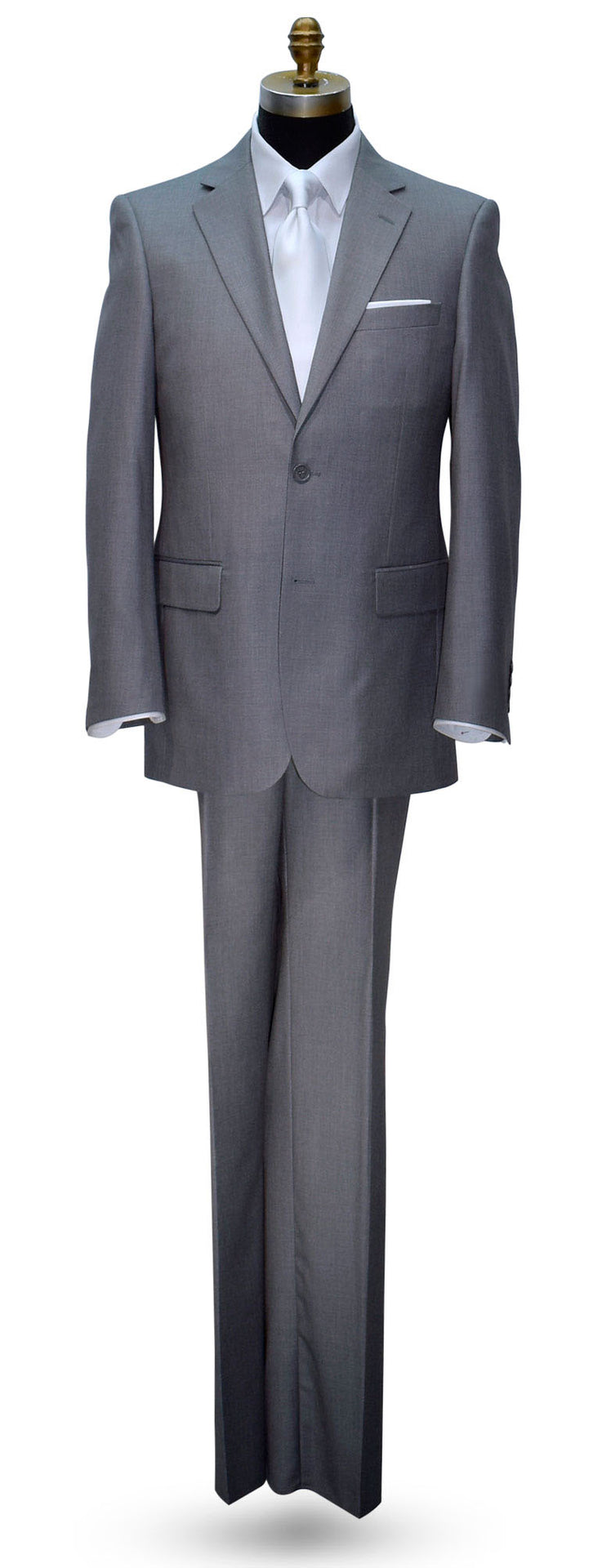 Men's Gray wedding suit with a long white dress tie on a mannequin against a white background