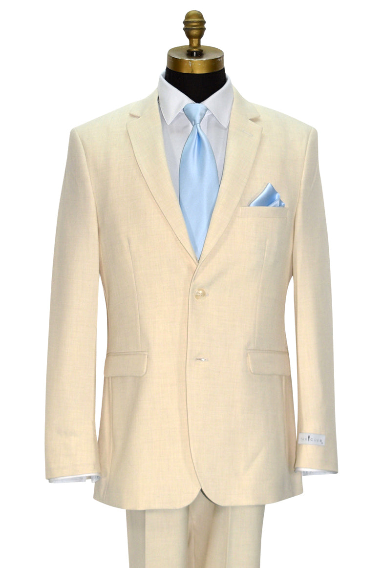 close-up of mannequin wearing a mans off-white linen look suit with a baby blue necktie against a white background.