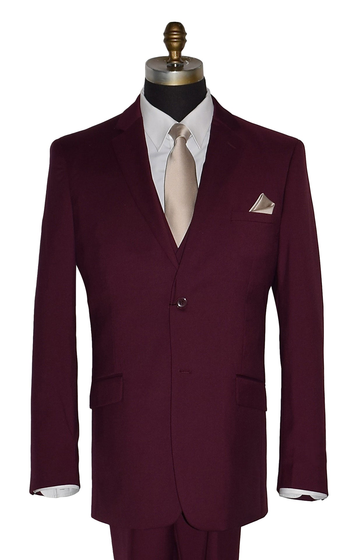 close-up view.life size mannequin wearing a burgundy 3-piece suit with a white dress shirt and a tan necktie and pocket handkerchief in front of a white background