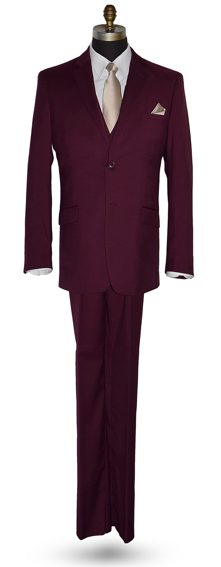 life size mannequin wearing a burgundy 3-piece suit with a white dress shirt and a tan necktie and pocket handkerchief in front of a white background