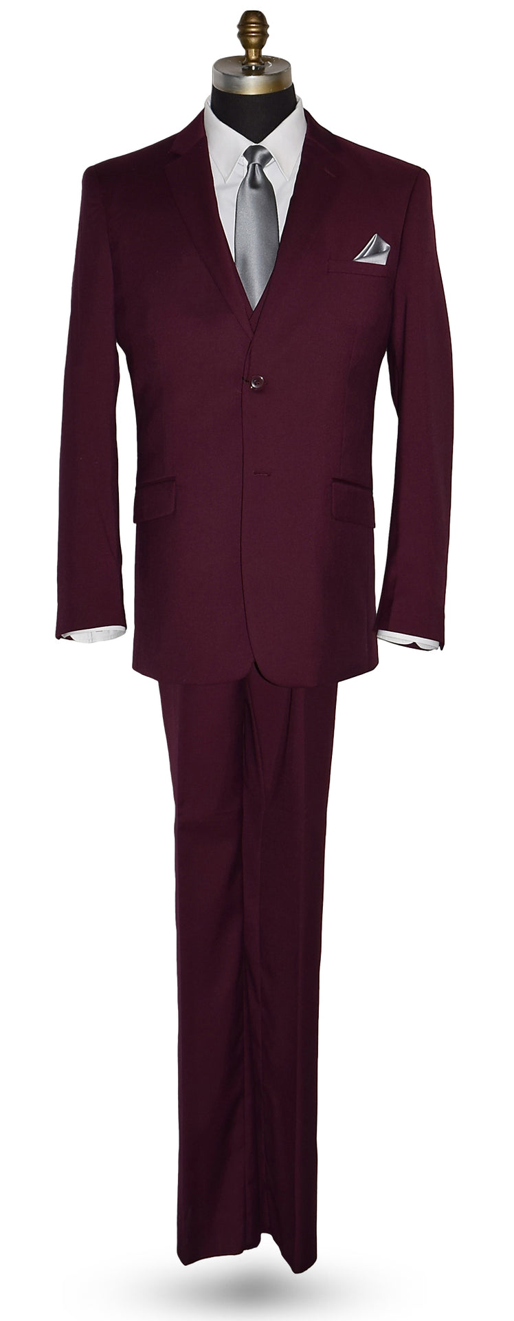 life size mannequin wearing a burgundy 3-piece suit with a white dress shirt and a gray necktie in front of a white background