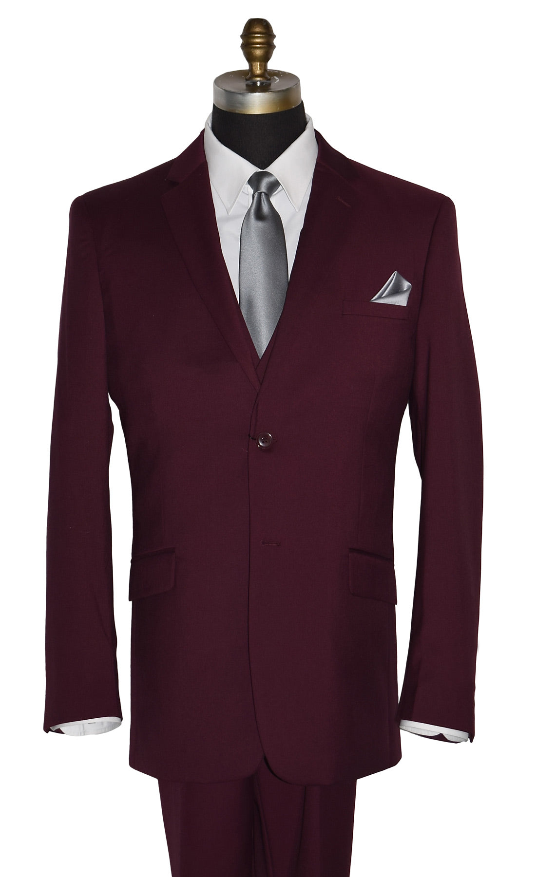 close-up front view-life size mannequin wearing a burgundy 3-piece suit with a white dress shirt and a gray necktie in front of a white background