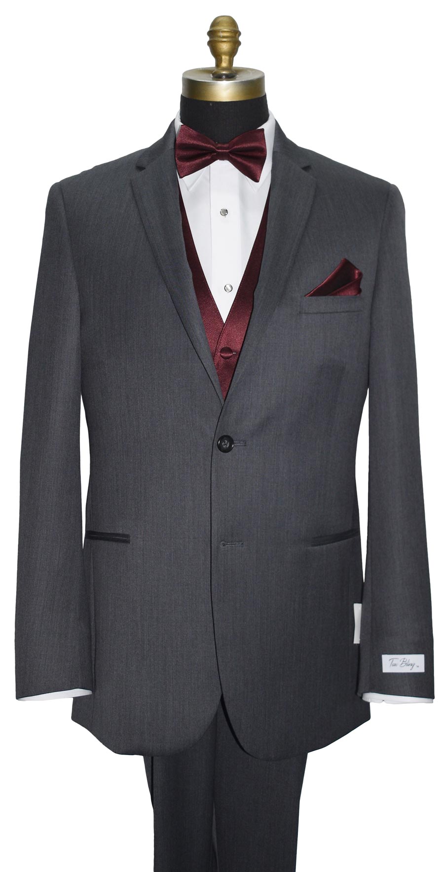 close-up Gray wedding suit with merlot vest and merlot bow tie on a mannequin against a white background