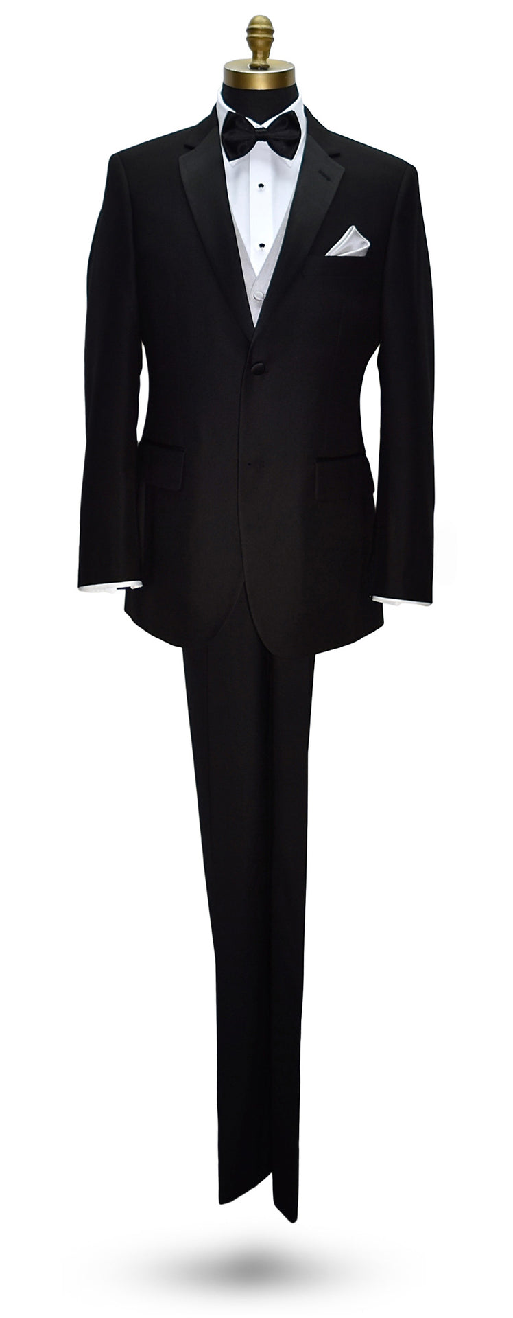 life-size mannequin wearing a Black notch-lapel tuxedo with white dress shirt and moonlight tuxedo vest with a black "pre-tied" bow tie and pocket handkerchief on a mannequin against a white background