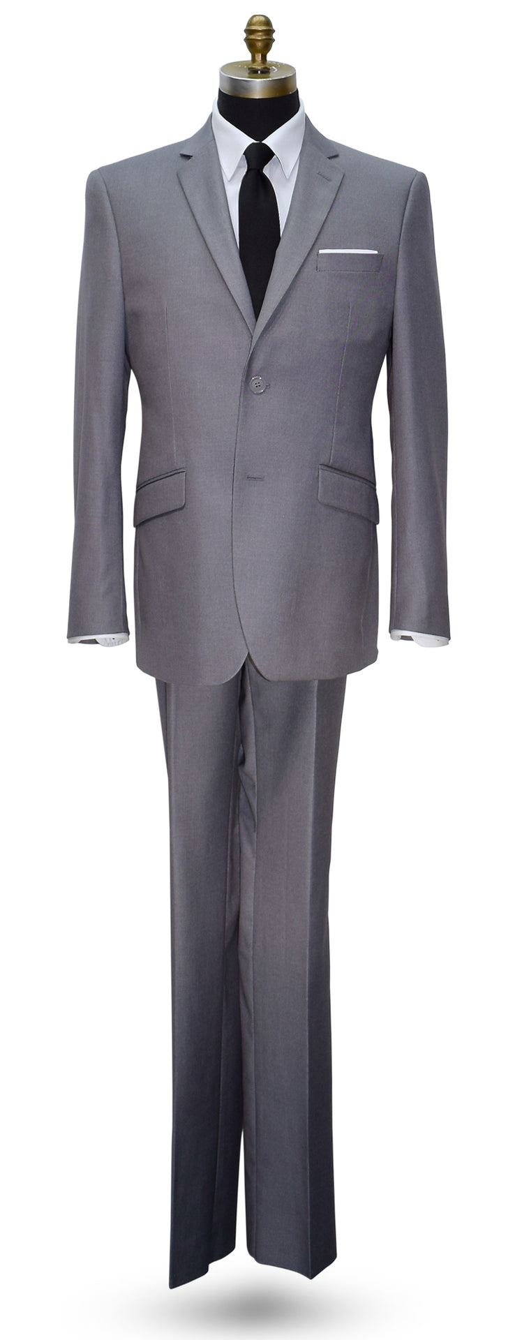 napa gray suit on a mannequin with a long black skinny necktie against a white background