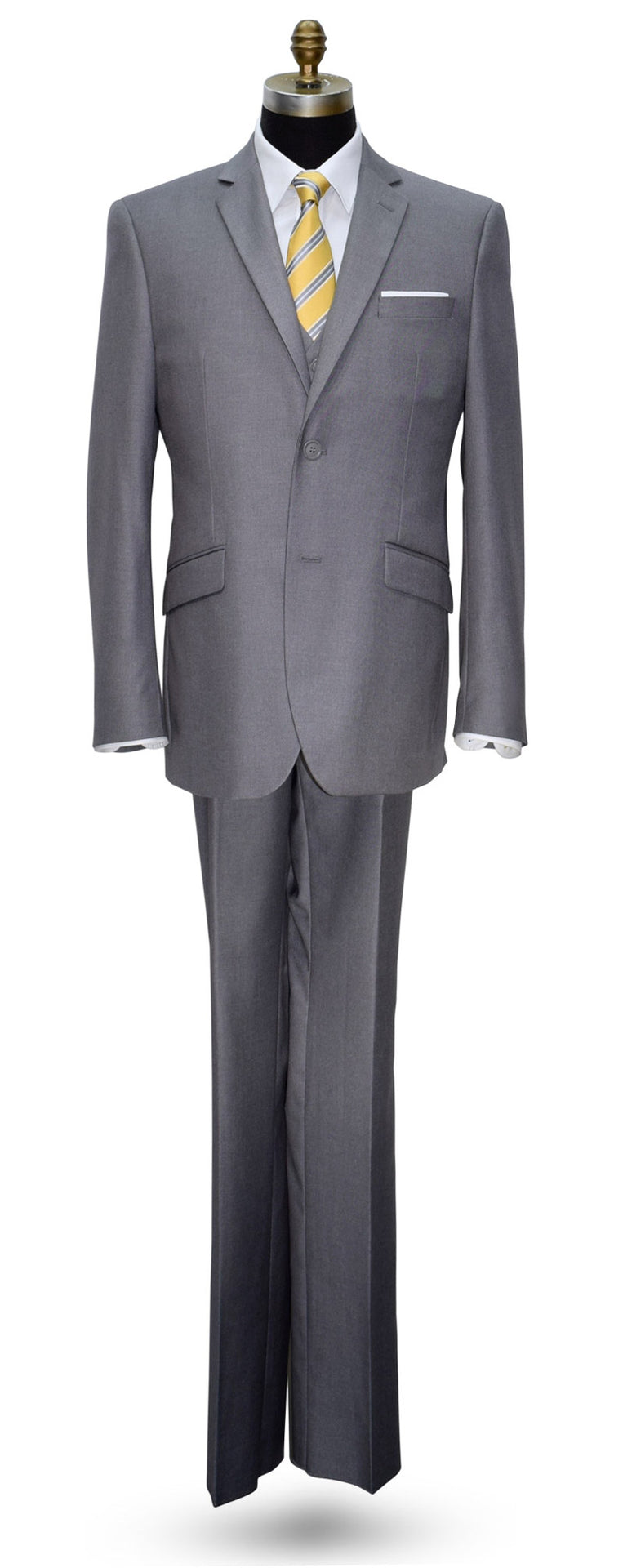 napa gray 3-piece suit with a yellow tie on a white background