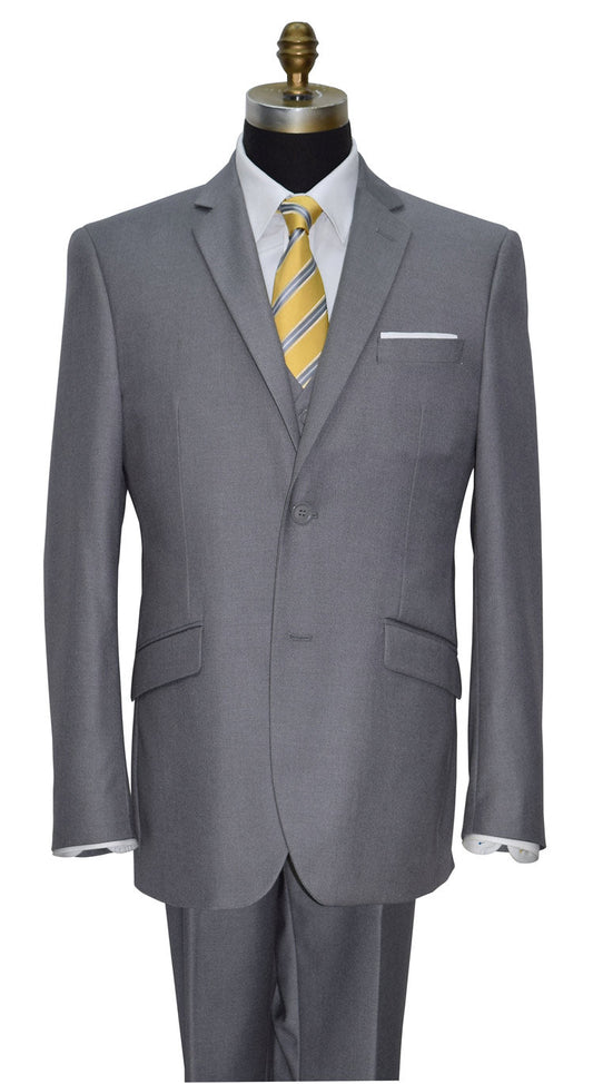close-up napa gray 3-piece suit with a yellow tie on a white background