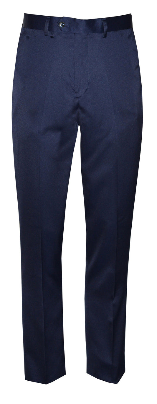 Navy blue slim fit satin pants on a white background