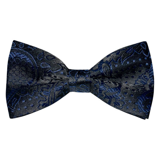 Blue paisley patterned bow tie on a white background