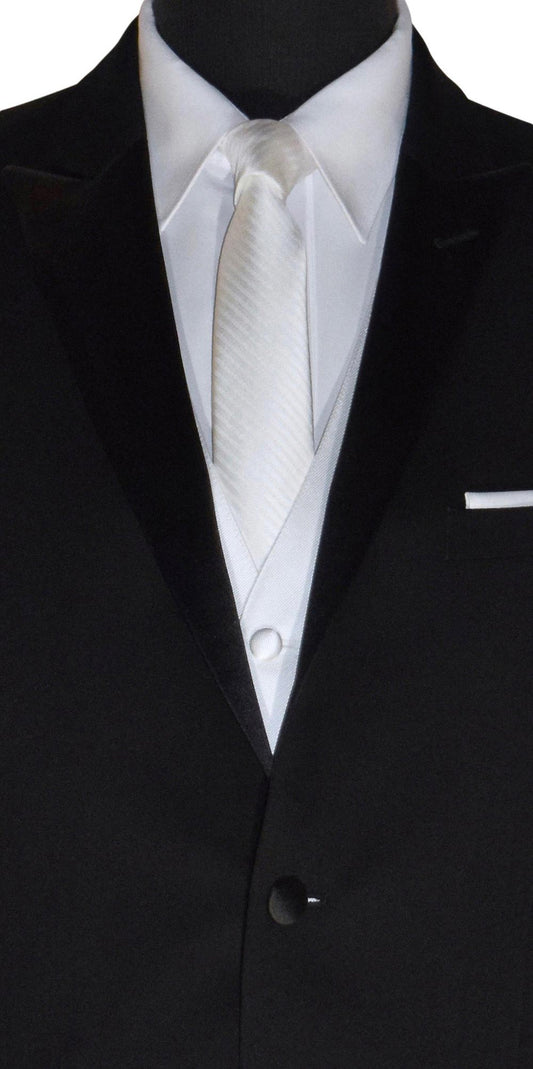 close-up Black suit with white vest and white necktie with subtle-stripe on a white background