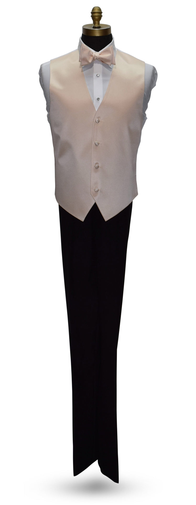 life size mannequin wearing a white dress shirt with a nude tuxedo vest and nude "tie-yourself" bowtie against a white background