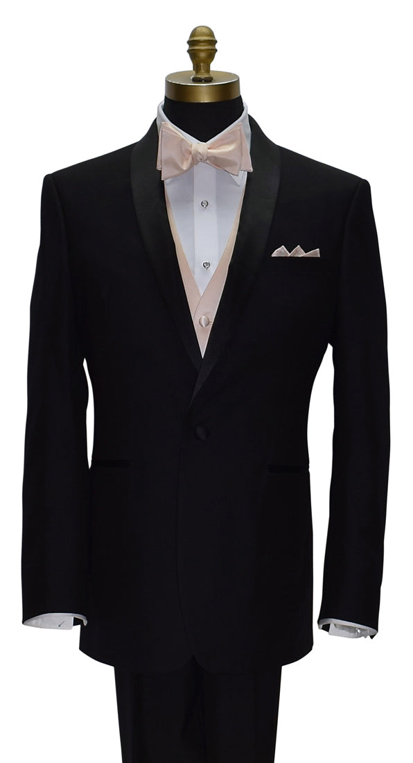 close-up black shawl collar tuxedo with a white dress shirt and nude tuxedo vest and nude "tie-yourself" bowtie and pocket handkerchief on a mannequin with a white background