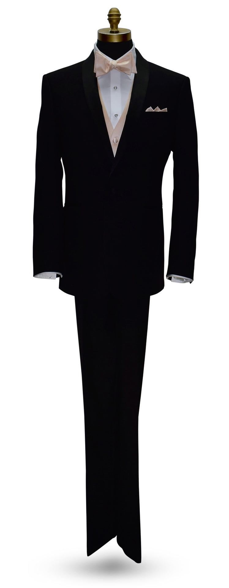 life-size mannequin wearing a black shawl collar tuxedo with a white dress shirt and nude tuxedo vest and nude "tie-yourself" bowtie and pocket handkerchief against a white background
