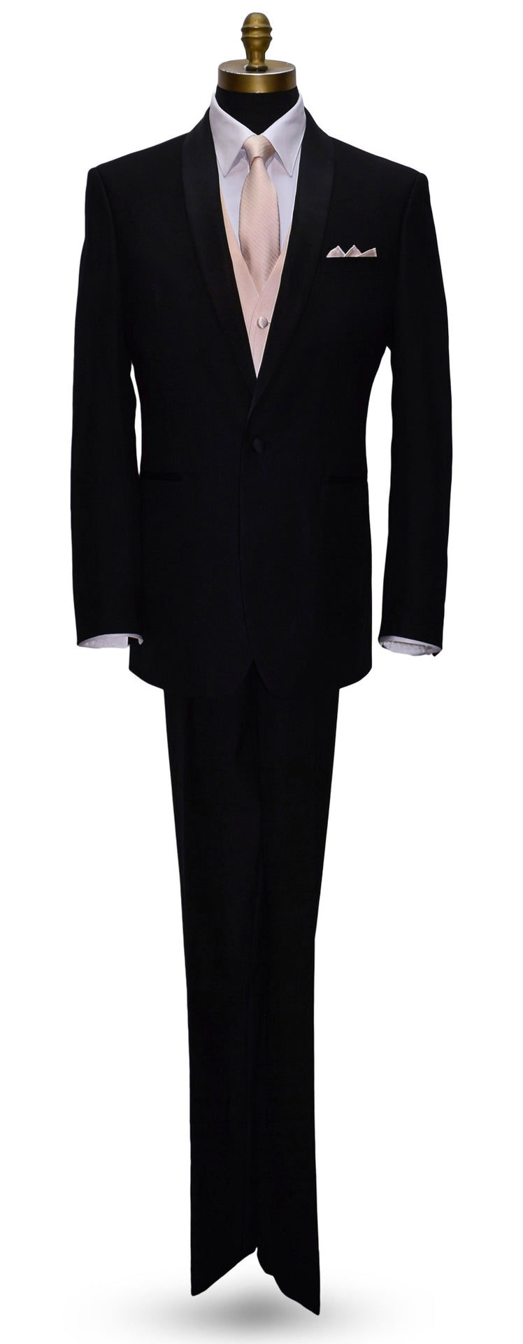 life size mannequin wearing Black suit with white shirt and nude tuxedo vest and nude necktie and pocket handkerchief on a mannequin against a white background
