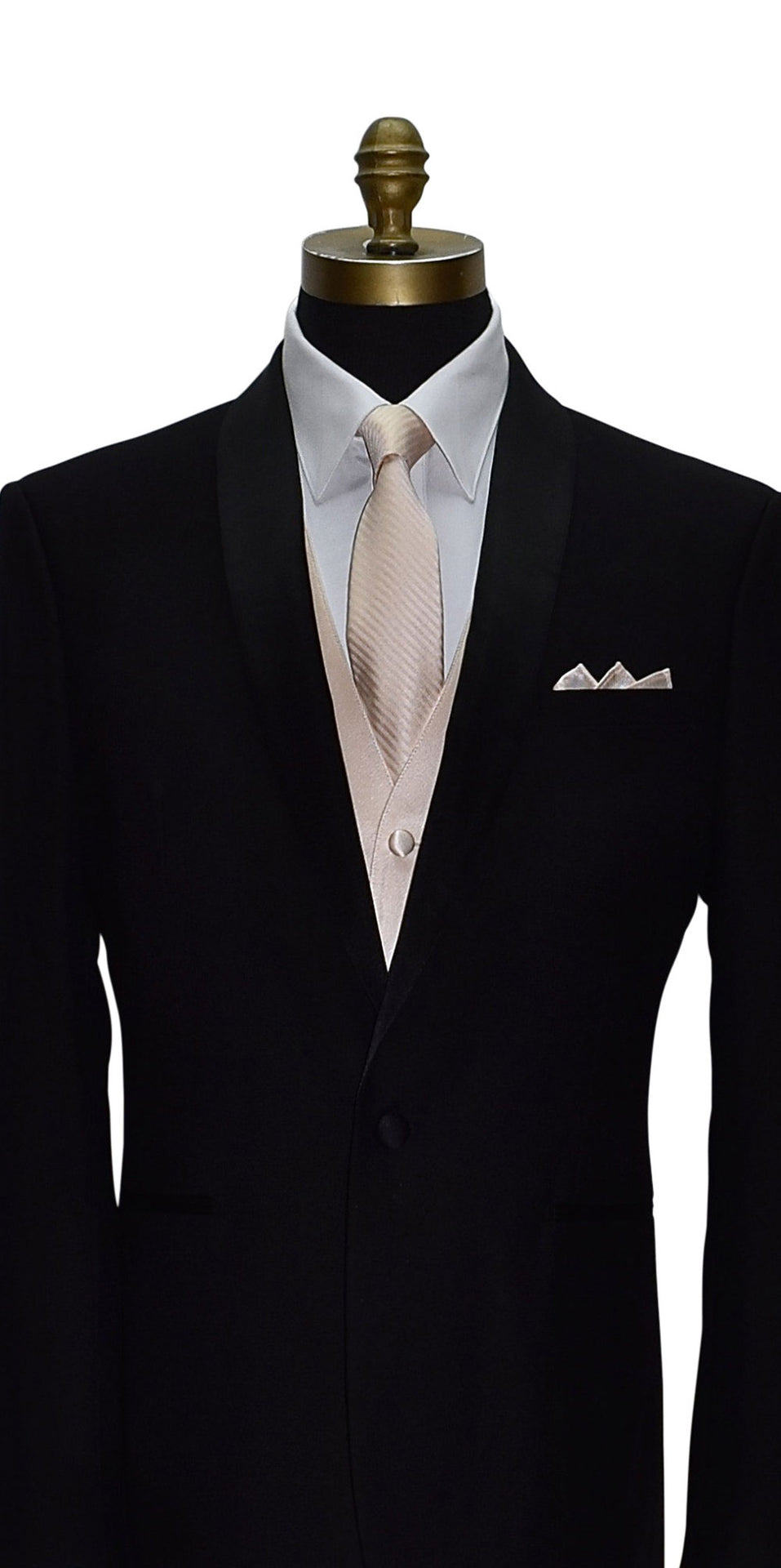close-up Black suit with nude color striped necktie and a nude color tuxedo vest on a mannequin against a white background